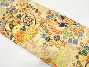 アンティーク　鶴に鼓・草花模様織り出し丸帯（材料）